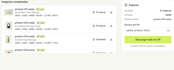 Archivos WebP completados con tamaños originales y exportados y botones para comparar